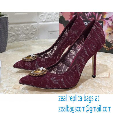 Dolce  &  Gabbana Heel 10.5cm Taormina Lace Pumps Burgundy with Devotion Heart 2021